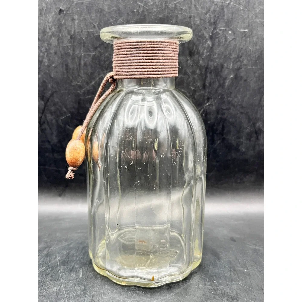 Pier 1 Imports Clear Ribbed Glass Apothecary Bottle Jute Wrapped Wood Beads 5.5